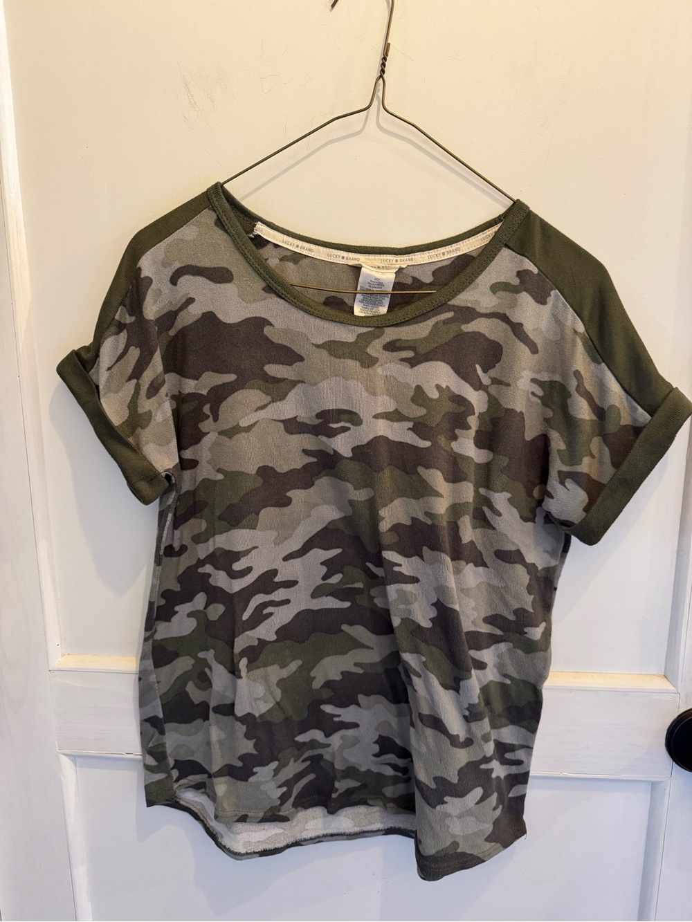 Lucky Brand Women's Camo Short Sleeve Top in Olive and Gray